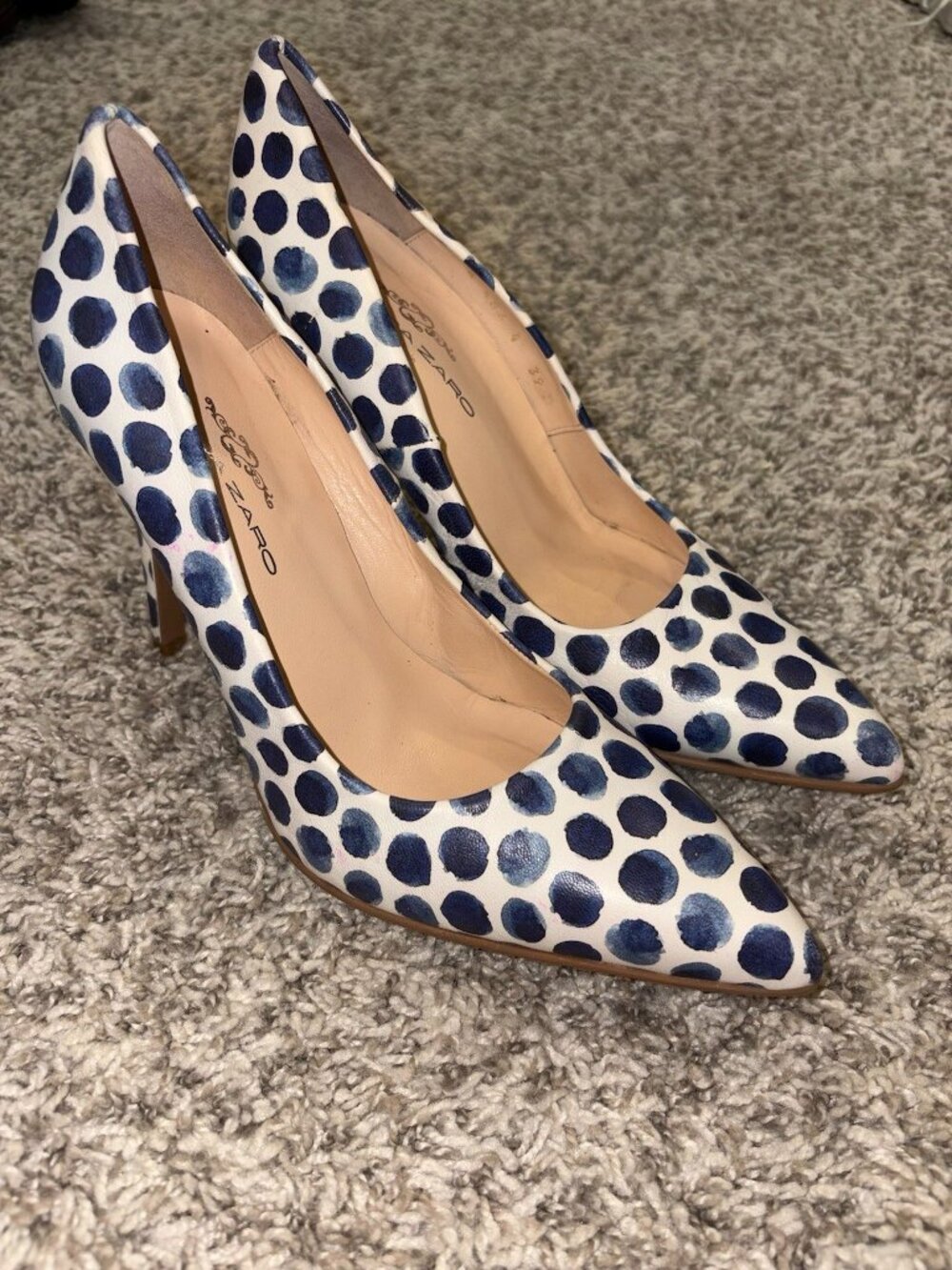 Brenda Zaro Polka Dot Pumps Blue and White High Heel Shoe